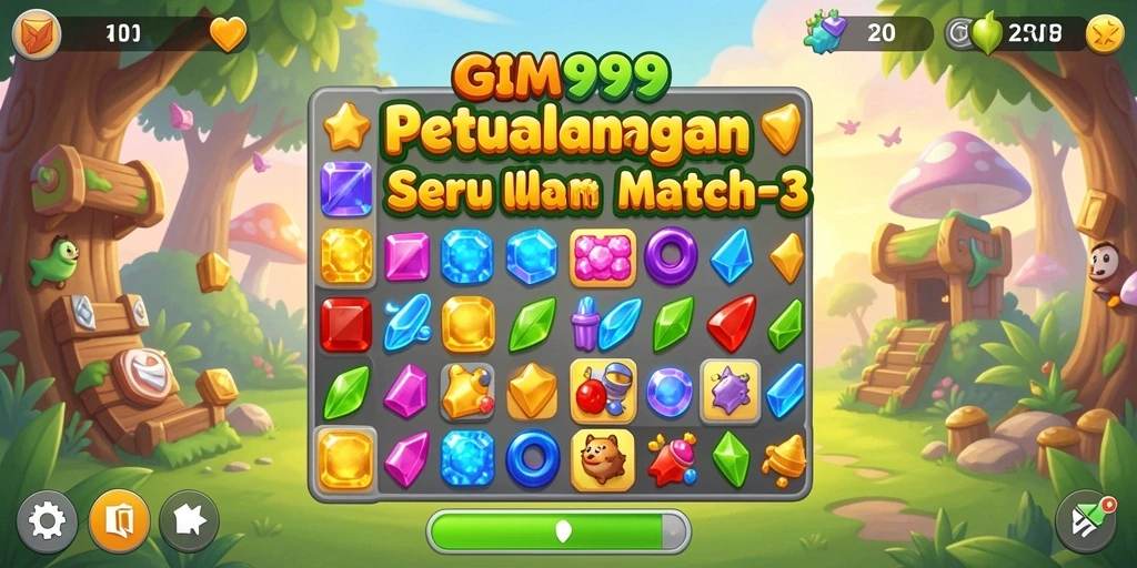 Screenshot GIM999 menunjukkan gameplay Match-3 yang menarik dan penuh warna.